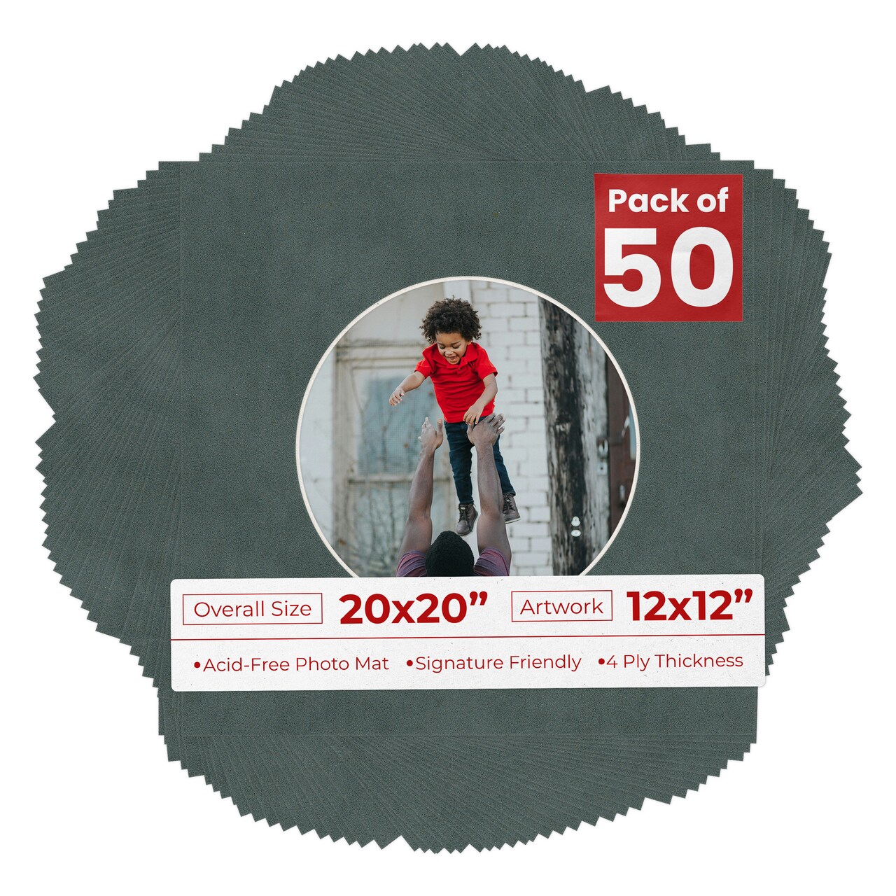 Dark Grey Suede Mat Board for 20x20 Frames - Circle Opening for 12x12 Photos